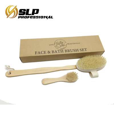 Wooden brush set bath brush and face brush for dry body brushing with natural bristle